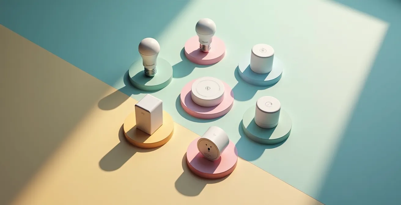 Différents appareils domotiques symbolisés par des bulles de langages différents ne pouvant communiquer