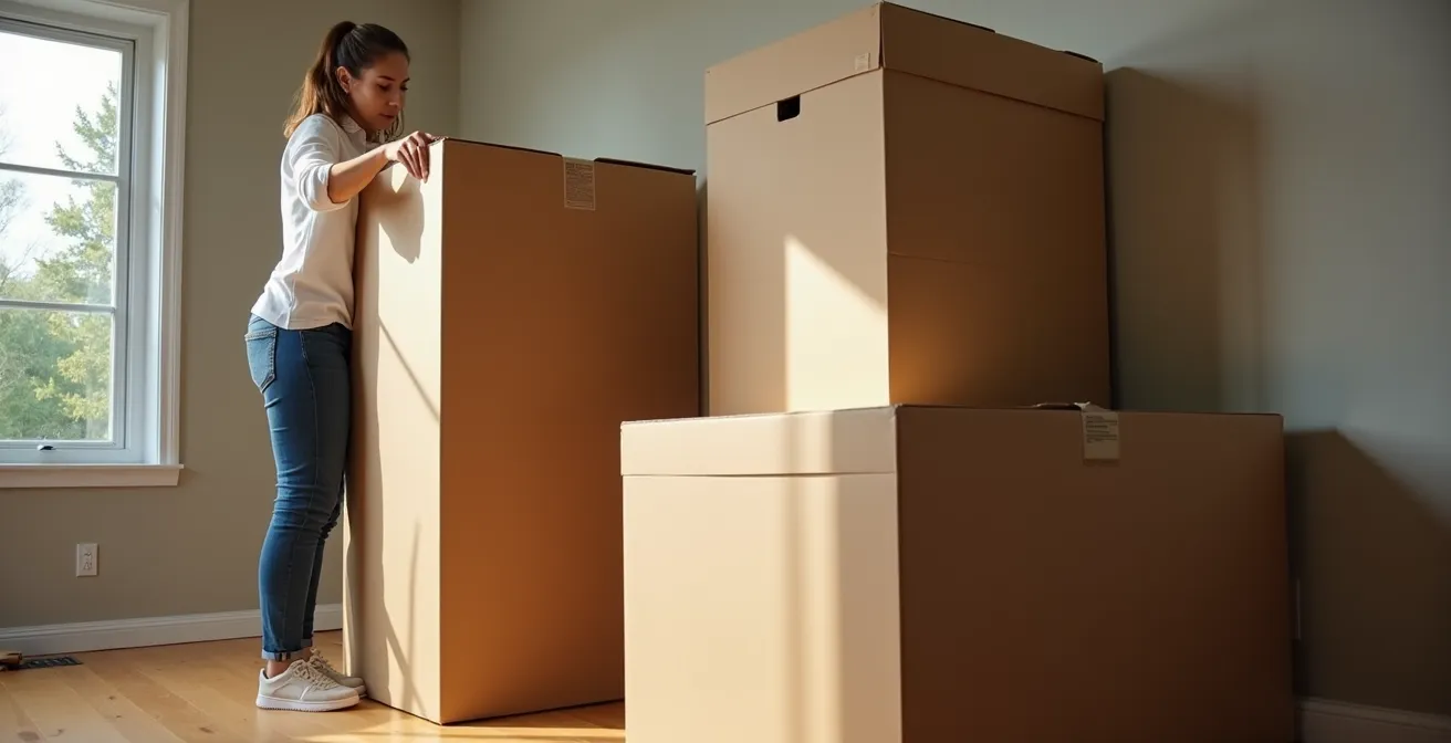 Maquette en carton grandeur nature d'un système de rangement dans un salon