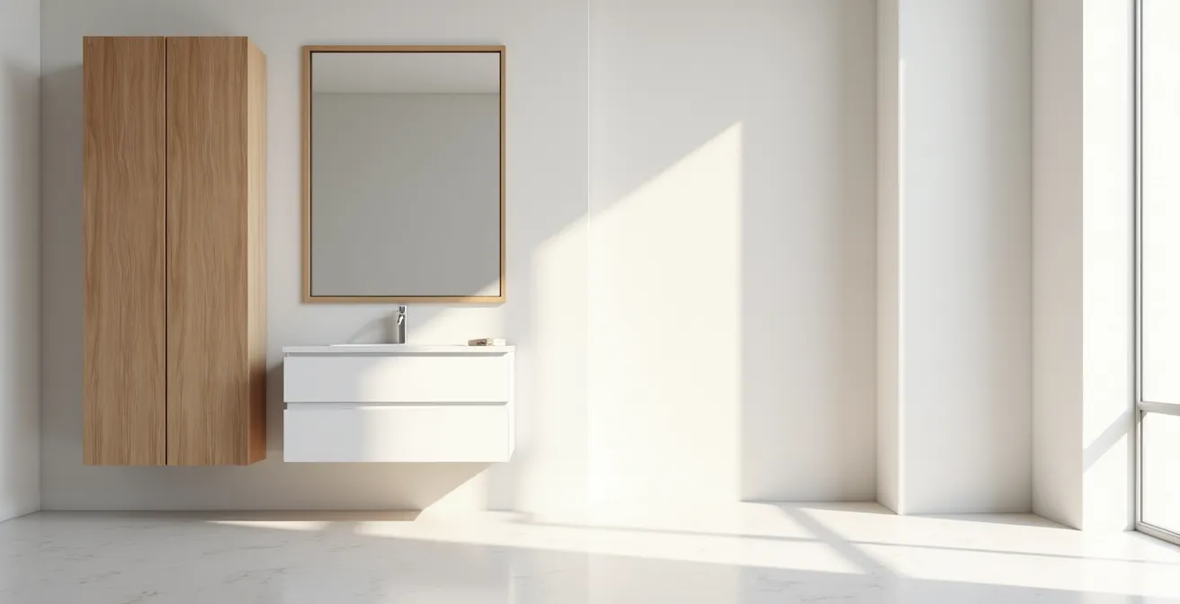 Salle de bain minimaliste avec des armoires murales hautes et étroites qui maximisent le rangement vertical sans encombrer l'espace.