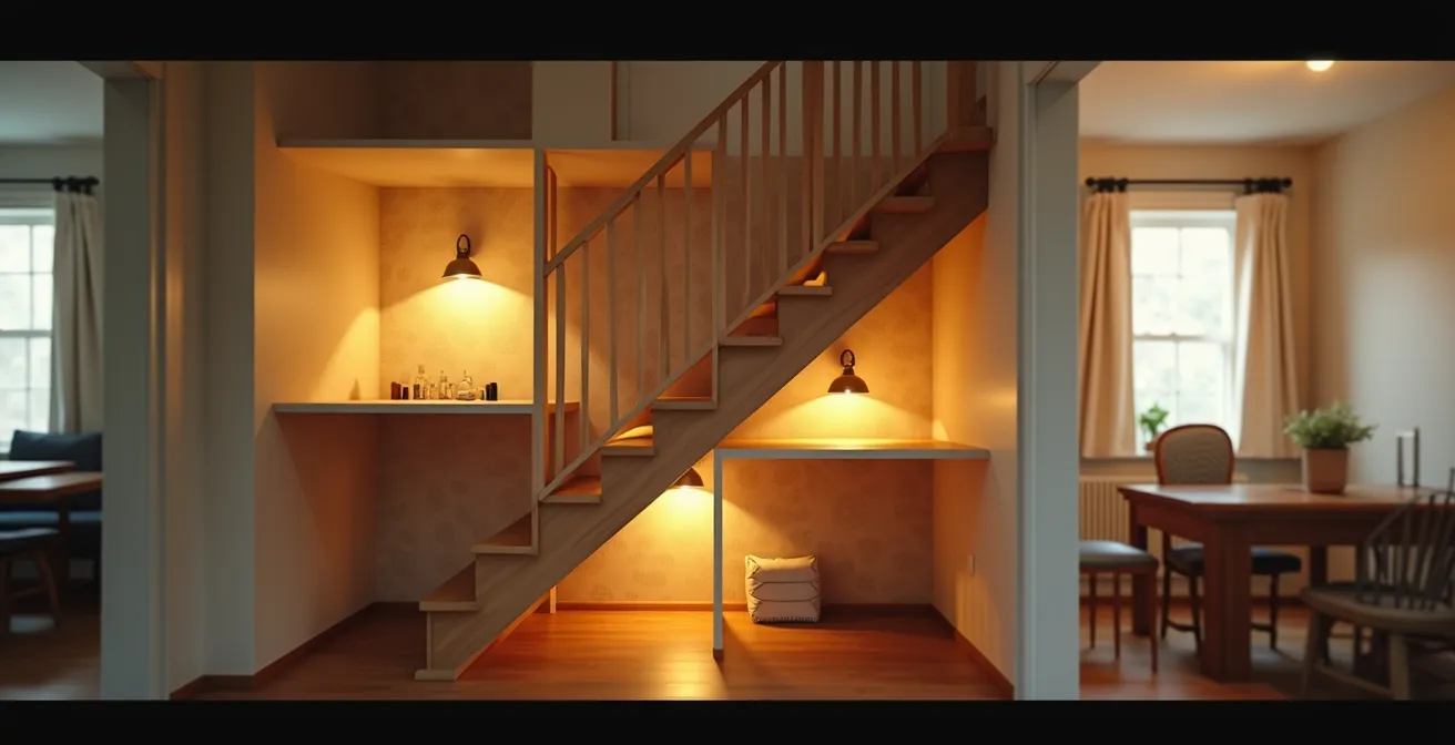 Vue en coupe d'une maison montrant les zones de rangement inexploitées en surbrillance