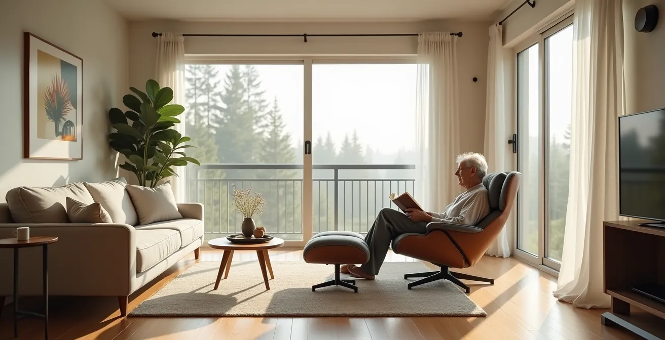 Vue d'ensemble d'un salon épuré avec une personne âgée dans son fauteuil