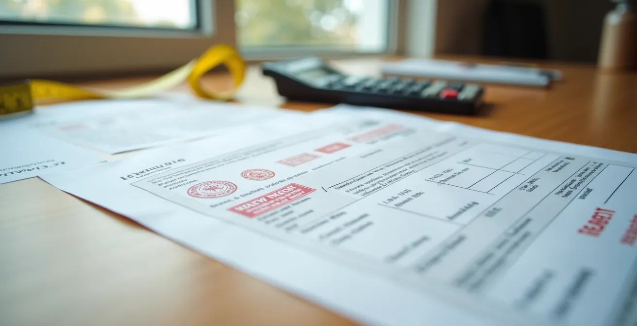 Bureau avec documents de rénovation organisés chronologiquement, rapport d'audit au centre