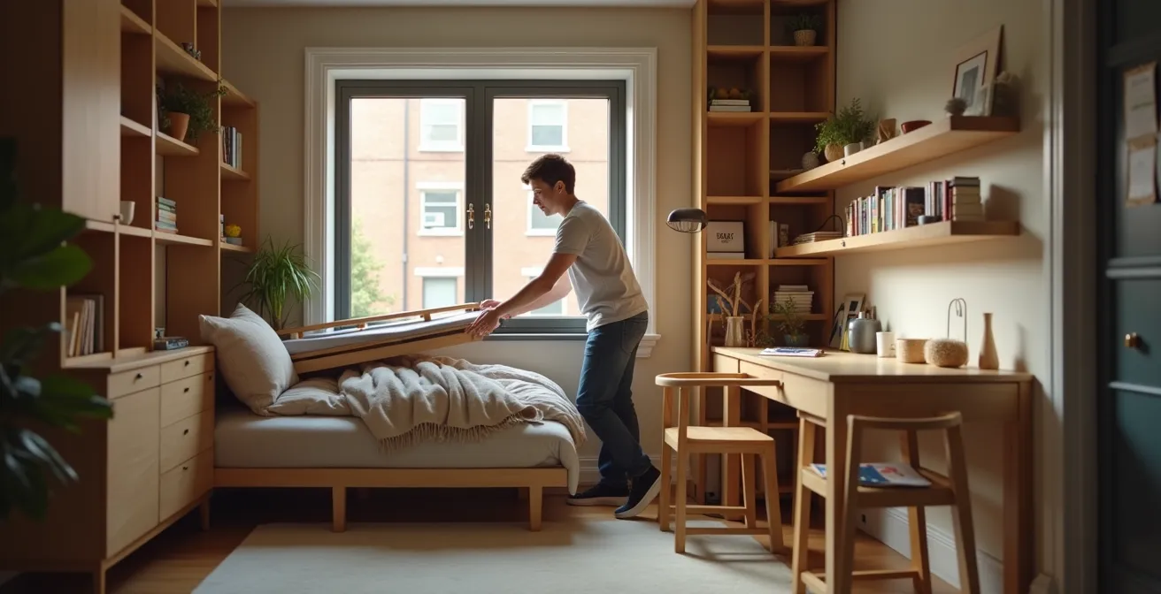 Transformation d'un petit studio montréalais passant de configuration jour à configuration nuit