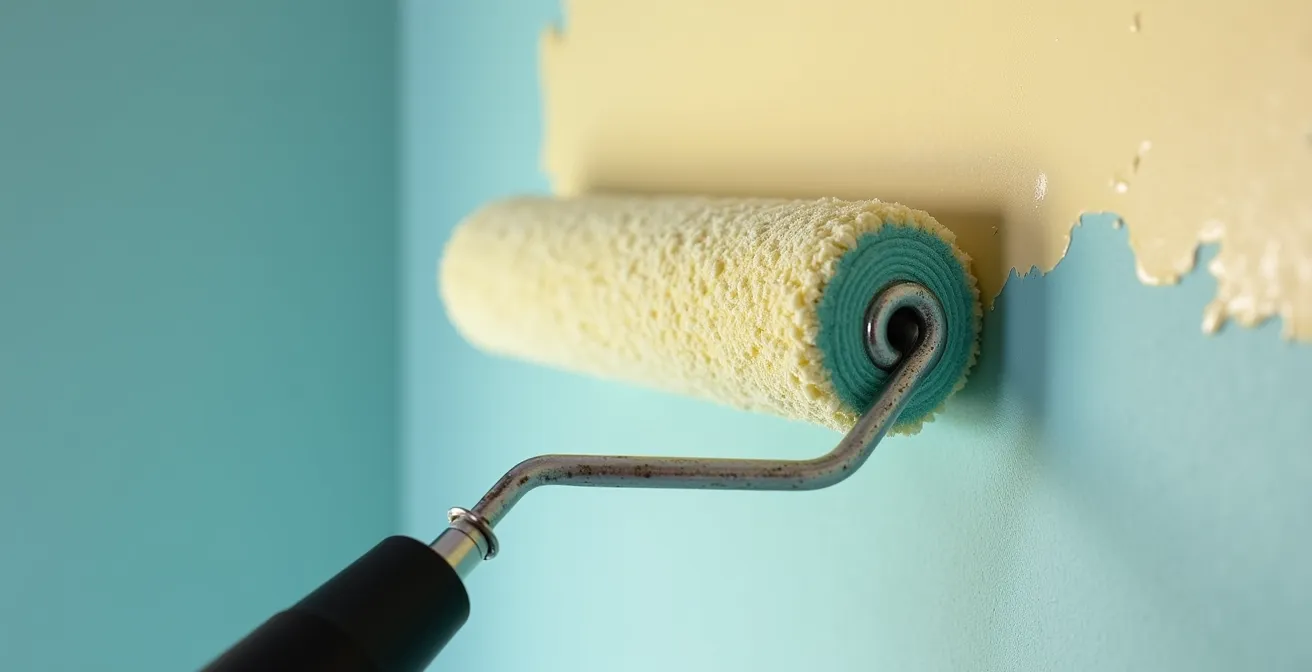 Vue macro détaillée d'un rouleau de peinture professionnel en action sur un mur