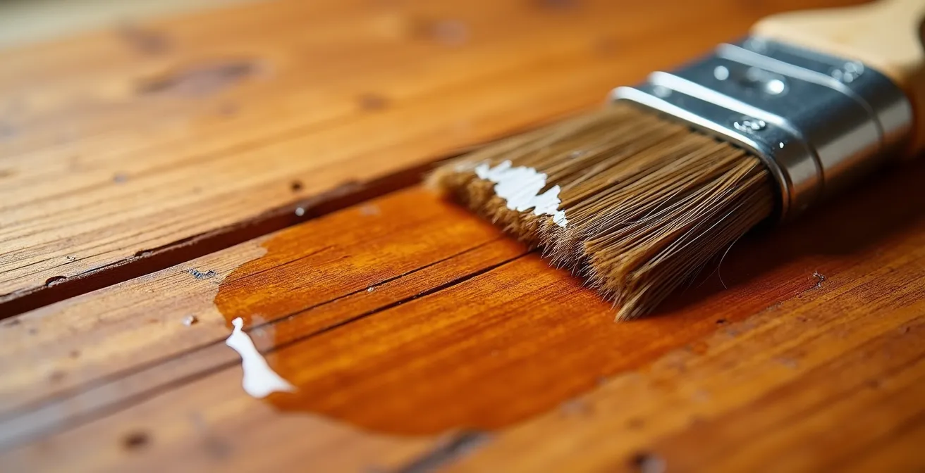 Application professionnelle de teinture sur terrasse en cèdre avec pinceau large