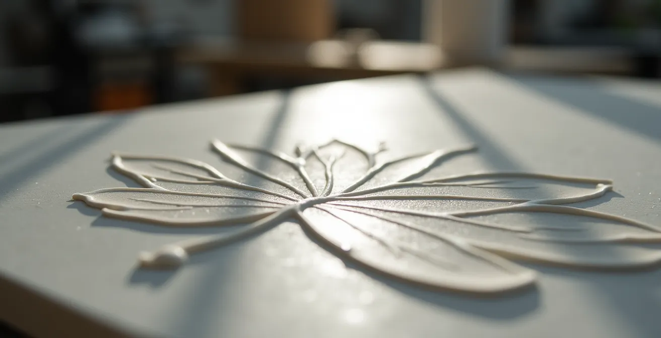 Détail macro de la technologie Syncro Digit montrant l'alignement du relief avec le veinage sur une dalle de grès cérame.