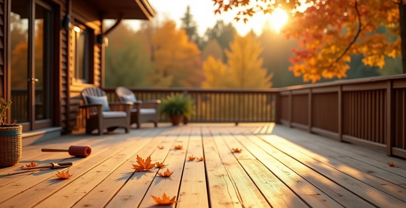 Terrasse en cèdre au Québec en septembre avec érables colorés en arrière-plan