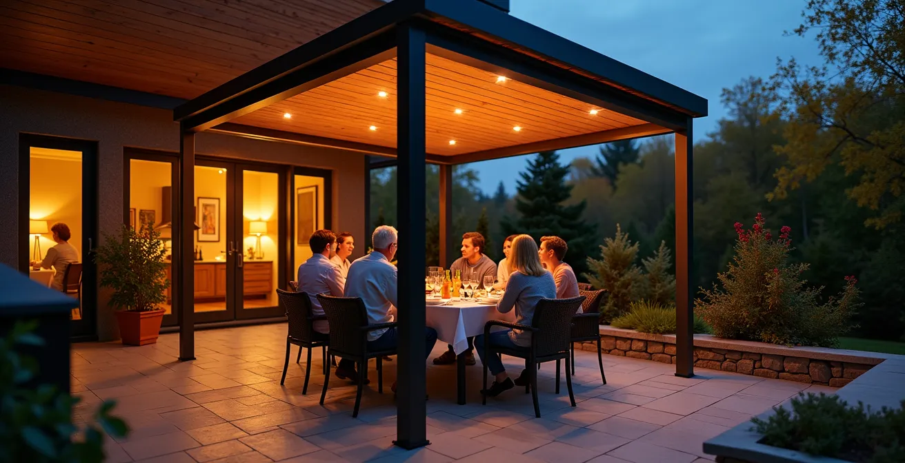 Terrasse québécoise aménagée avec pergola, chauffage radiant et brise-vent permettant une utilisation prolongée