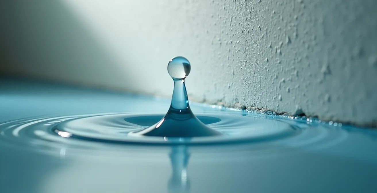Test de la goutte d'eau sur une surface murale montrant l'absorption progressive