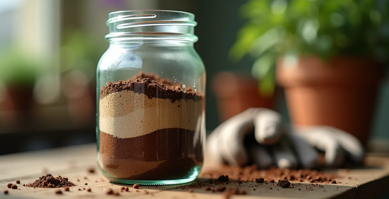 Vue macro d'un bocal en verre montrant les couches de sédimentation du sol avec sable, limon et argile visibles