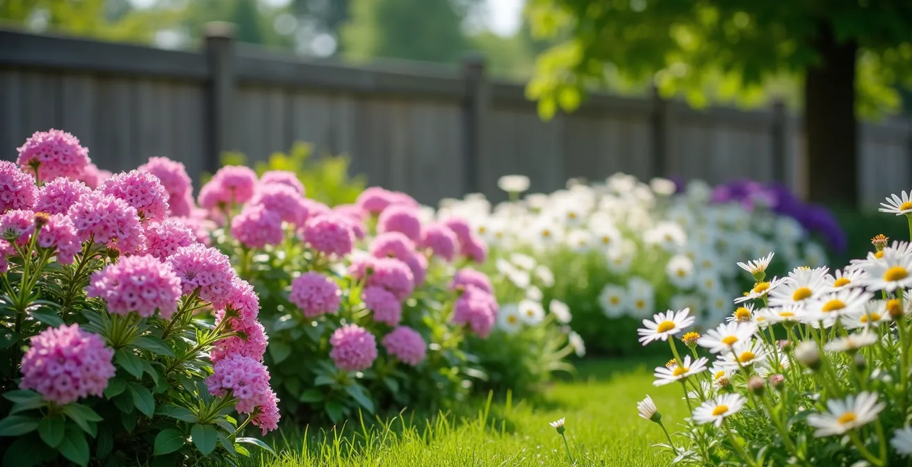 Massif de vivaces montrant différentes périodes de floraison en dégradé coloré