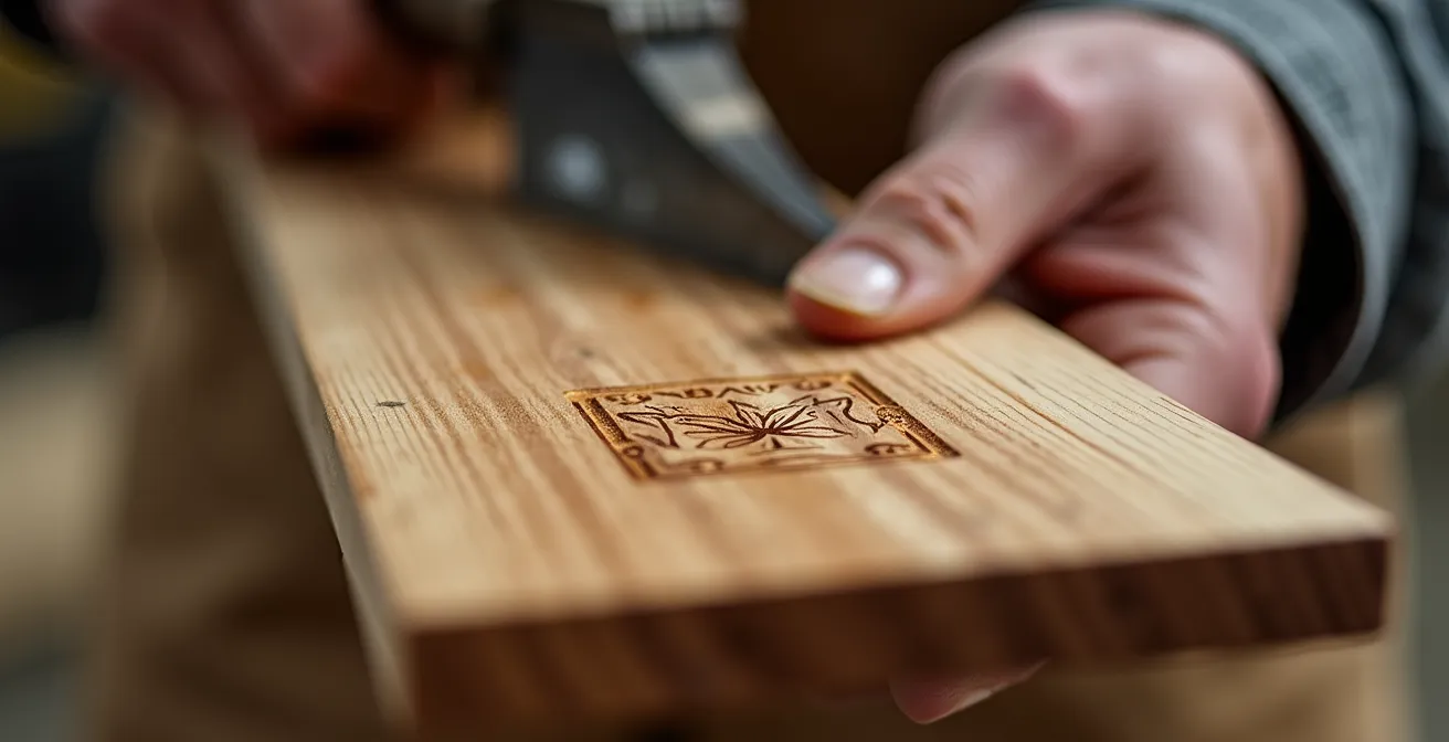 Gros plan sur une main tenant un morceau de bois avec une étiquette de certification visible mais illisible