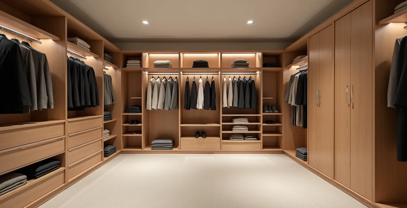 Vue grand angle d'un walk-in sur mesure avec système de rangement en bois