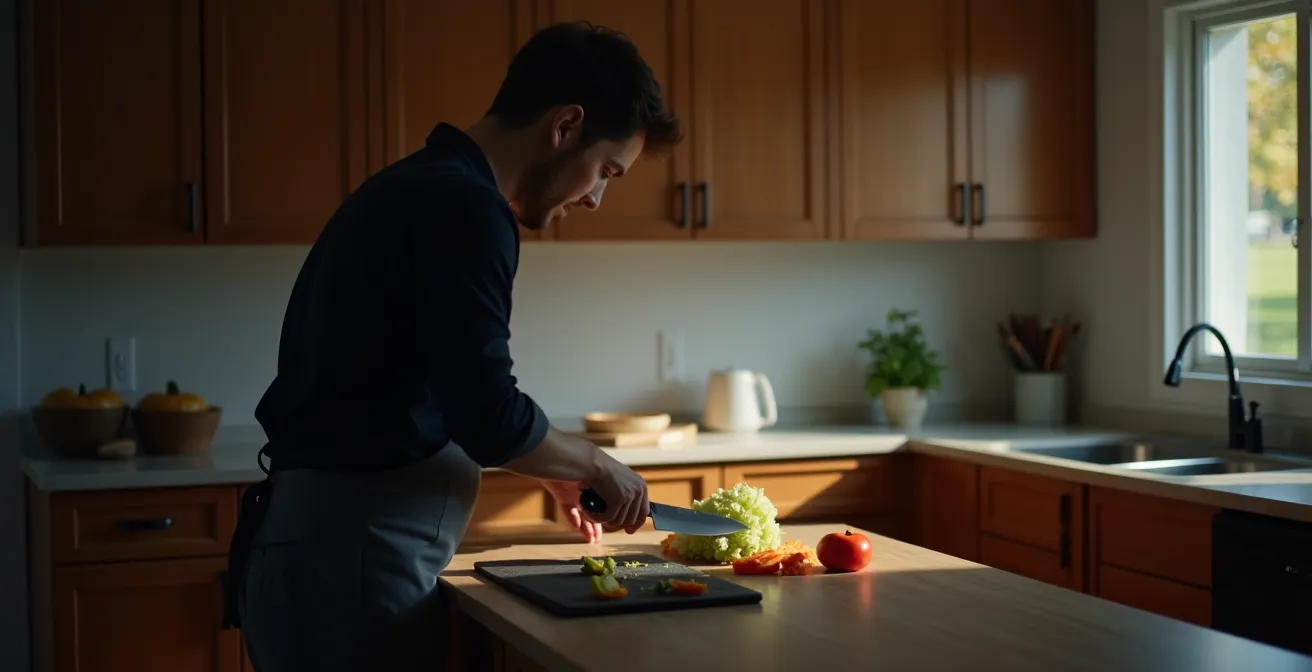 Démonstration visuelle de la zone d'ombre créée par le corps devant un plan de travail de cuisine.