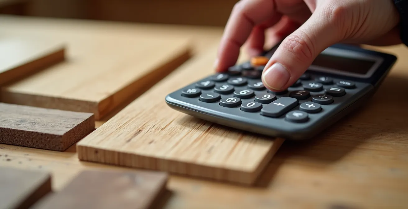 Gros plan sur des matériaux de construction canadiens avec une main tenant une calculatrice