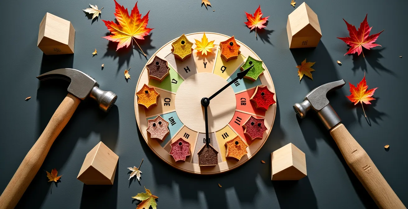 Calendrier de planification annuelle pour rénovations avec marqueurs saisonniers québécois