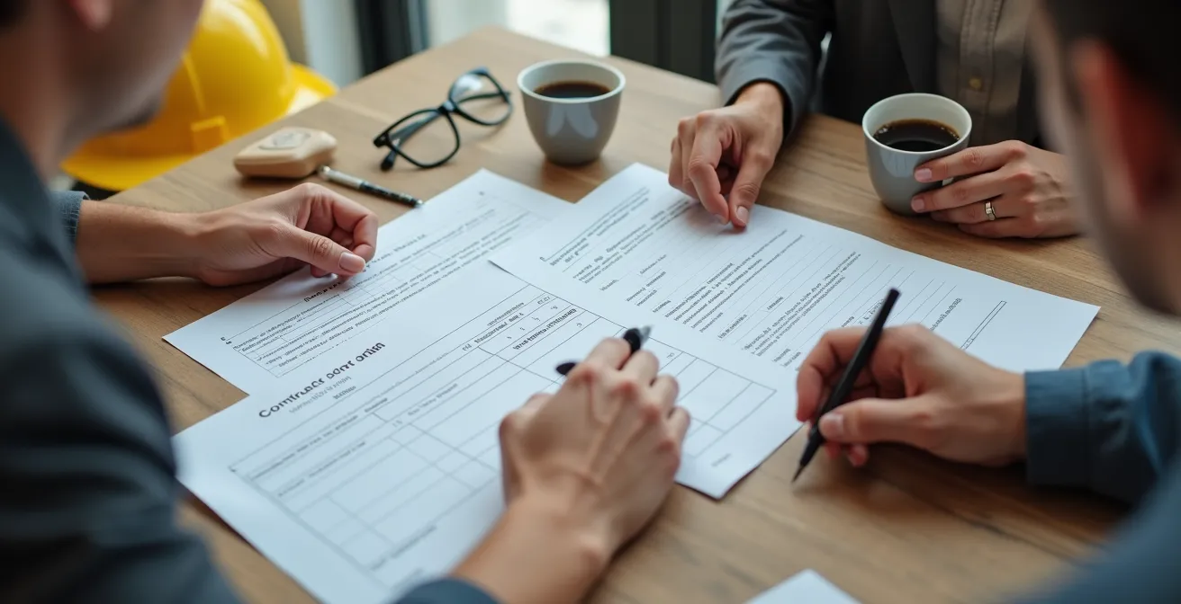 Vue aérienne de documents de changement de contrat avec stylo sur table de travail