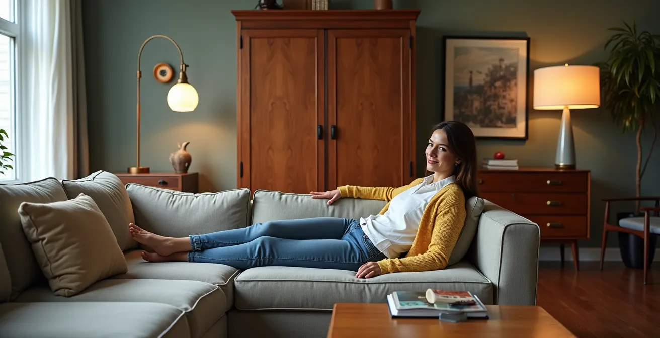 Salon avec mobilier Mid-Century dominant et accents vintage positionnés stratégiquement en périphérie